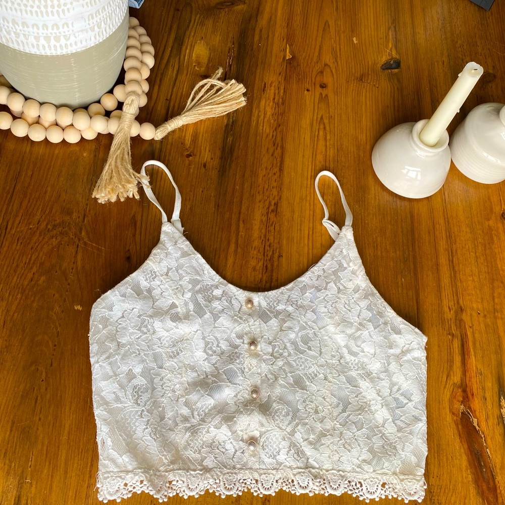 Cream Lacey Crop Top With Faux Gold Buttons